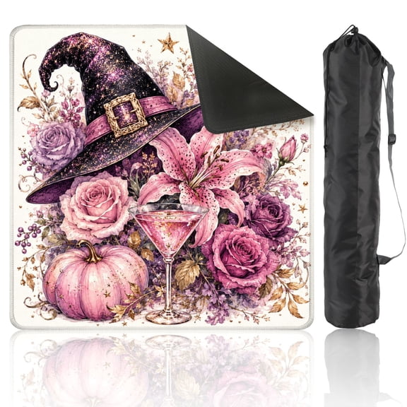Mahjong Mat 31.5" x 31.5" Whimsical Pink Halloween Witch Hat Flowers Pumpkin Roses Bat Cocktail Non-Slip Noise Reduction American Mahjong Tiles Table Cover for Dominoes Poker Card Board Games Gift