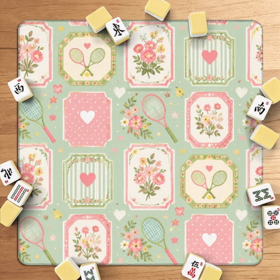 Mahjong Mat 31.5" x 31.5" Whimsical Tennis Floral Rackets Pastel Frames Non-Slip Noise Reduction American Mahjong Tiles Table Cover for Dominoes Poker Card Board Games Gift