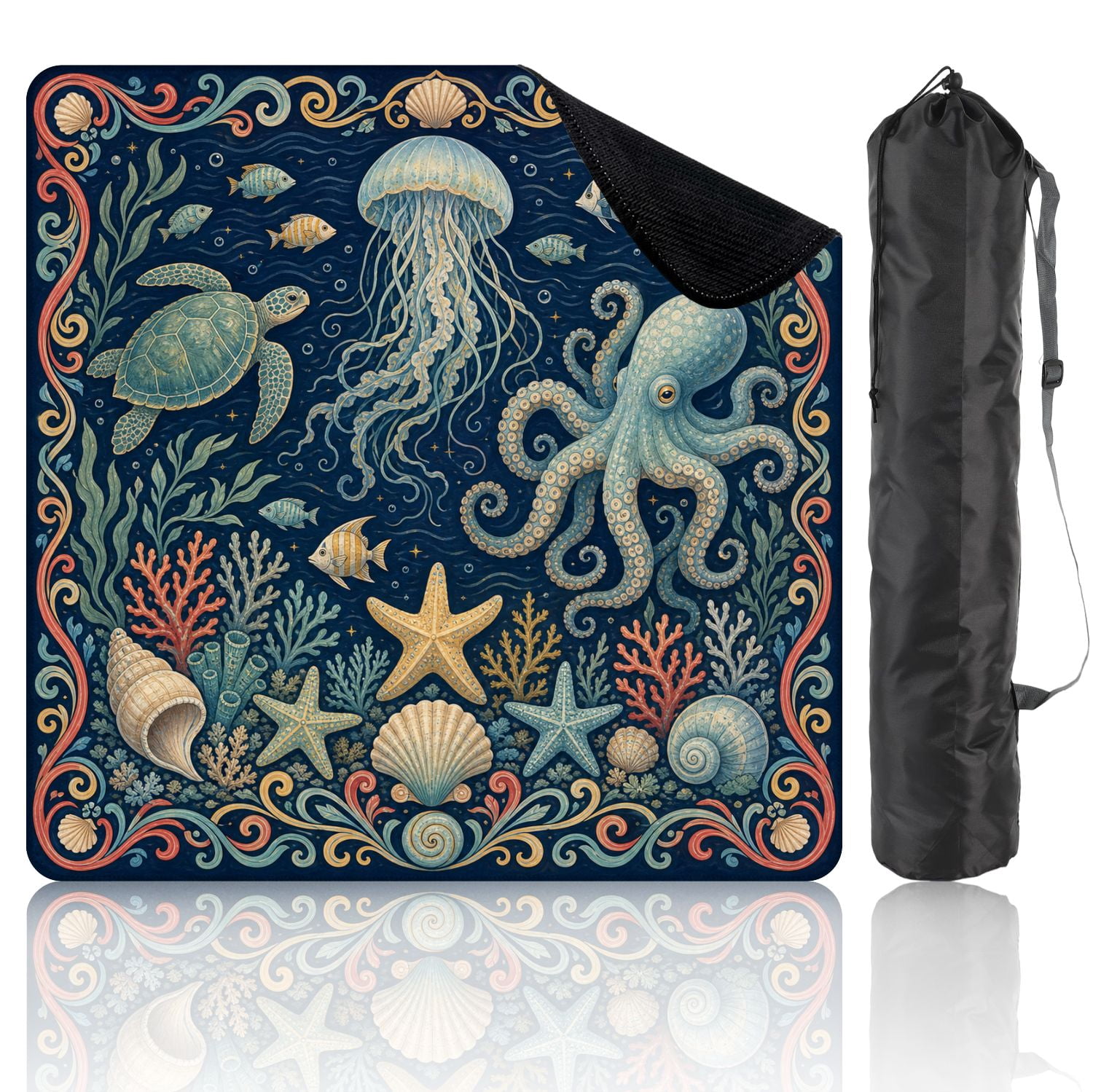 Mahjong Mat 31.5" x 31.5" Whimsical Underwater Ocean Life Jellyfish Turtles Coral Non-Slip Noise Reduction Mahjong Tiles Table Cover for Dominoes Poker Card Board and Tile Games
