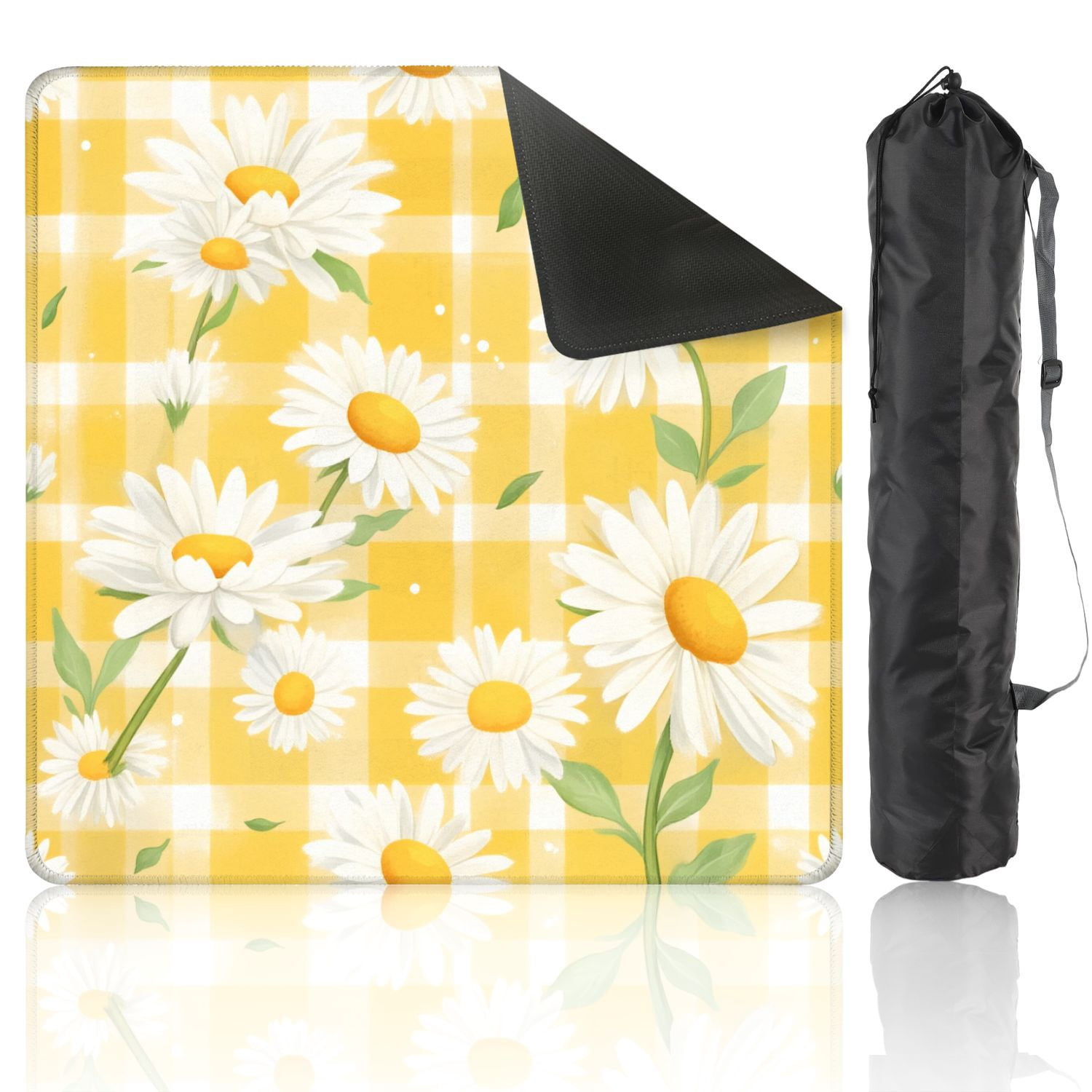 Mahjong Mat 31.5" x 31.5" White Daisies Yellow Checkered Non-Slip Noise Reduction American Mahjong Tiles Table Cover for Dominoes Poker Card Board Games Gift
