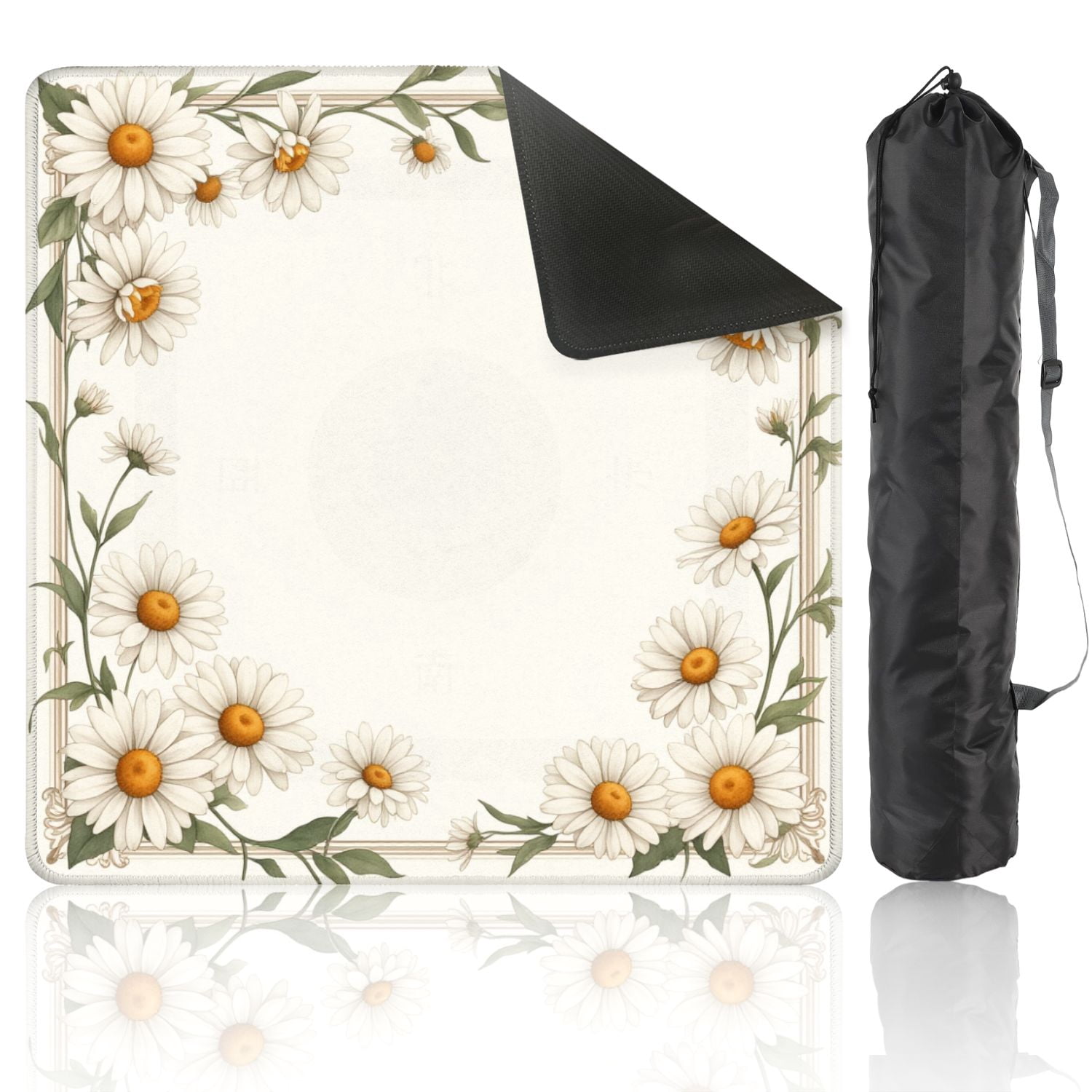 Mahjong Mat 31.5" x 31.5" White Daisy Floral Frame Border Green Leaves Hand Drawn Non-Slip Noise Reduction American Mahjong Tiles Table Cover for Dominoes Poker Card Board Games Gift