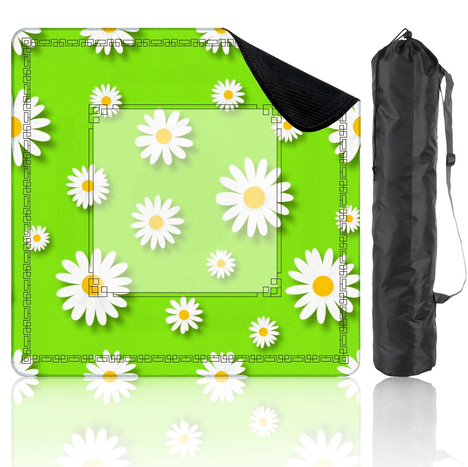 Mahjong Mat 31.5" x 31.5" White Daisy Flowers Bright Green Flat Style Non-Slip Noise Reduction American Mahjong Tiles Table Cover for Dominoes Poker Card Board Games Gift