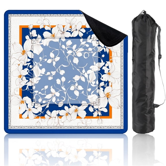 Mahjong Mat 31.5" x 31.5" White Floral Orange Accents Deep Blue Elegant Line Art Design Non-Slip Noise Reduction American Mahjong Tiles Table Cover for Dominoes Poker Card Board Games Gift