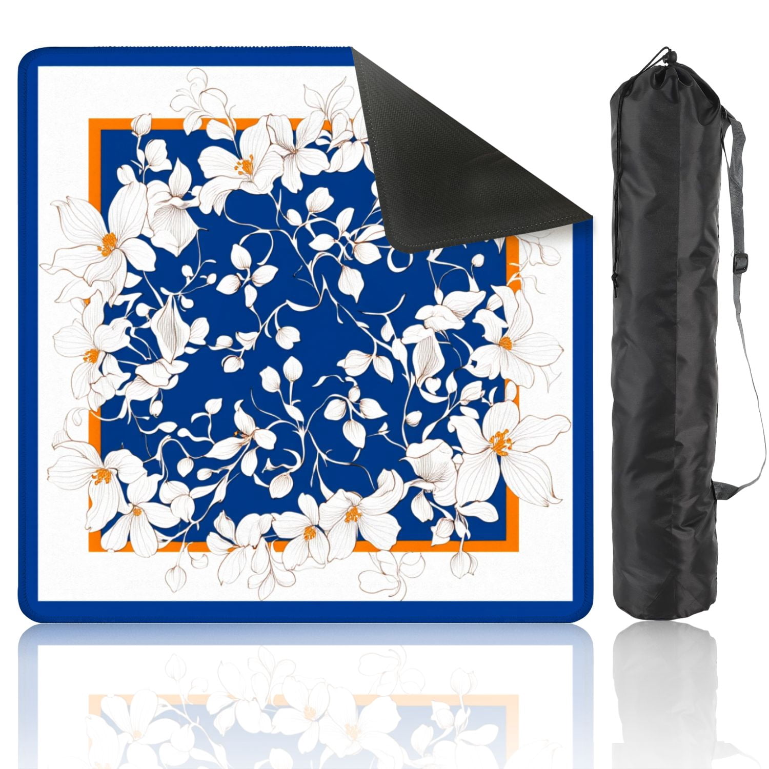 Mahjong Mat 31.5" x 31.5" White Floral Orange Accents Deep Blue Elegant Line Art Design Non-Slip Noise Reduction American Mahjong Tiles Table Cover for Dominoes Poker Card Board Games Gift