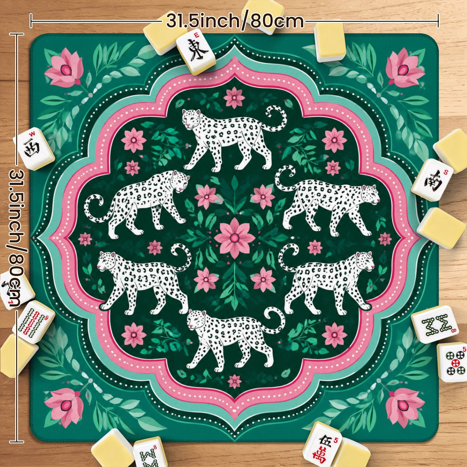 Mahjong Mat 31.5" x 31.5" White Leopards Floral Pink Green Accents Non-Slip Noise Reduction American Mahjong Tiles Table Cover for Dominoes Poker Card Board Games Gift