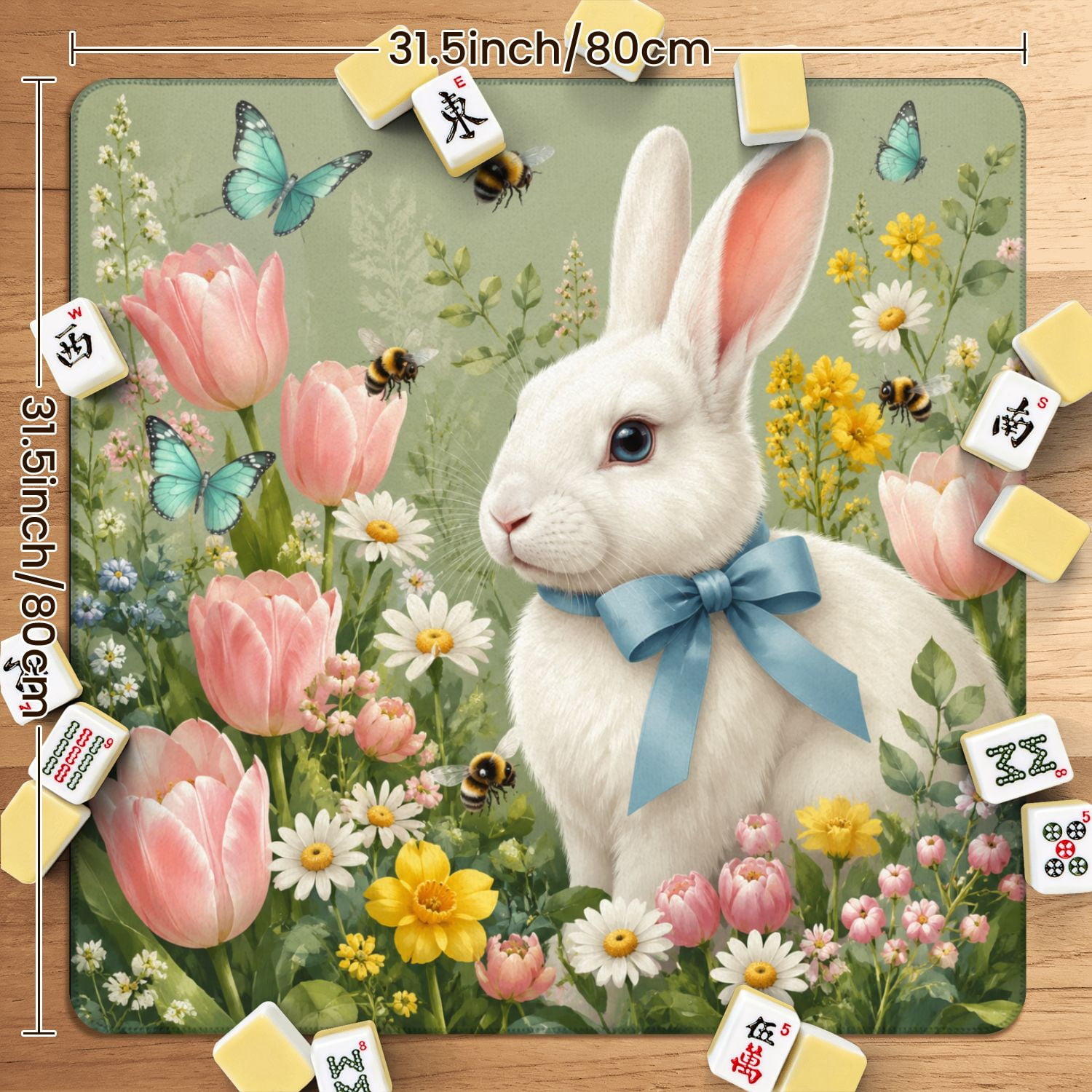 Mahjong Mat 31.5" x 31.5" White Rabbit Blue Ribbon Leaping Floral Garden Butterflies Bees Non-Slip Noise Reduction American Mahjong Tiles Table Cover for Dominoes Poker Card Board Games Gift