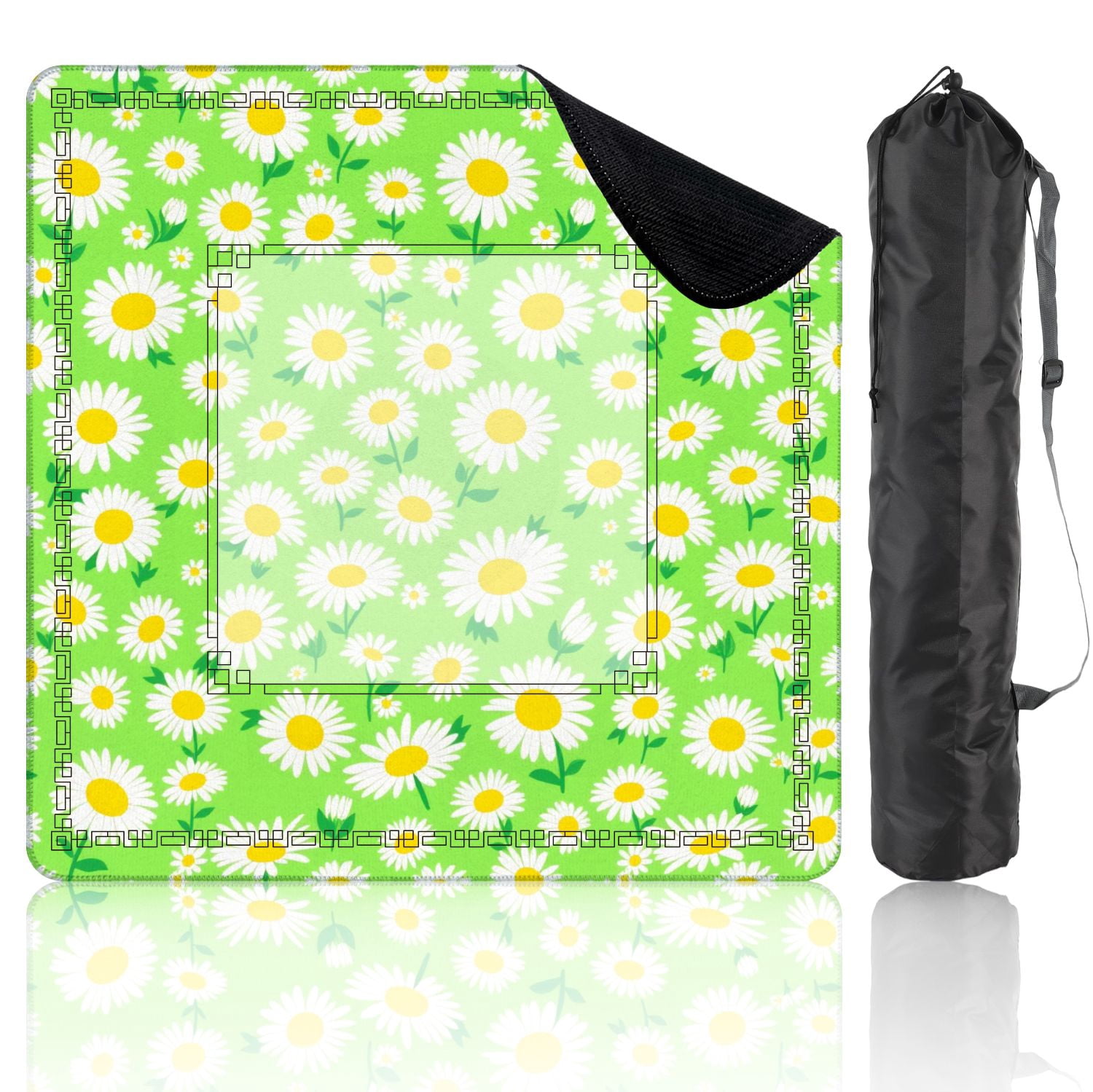 Mahjong Mat 31.5" x 31.5" White Yellow Daisies Vibrant Green Non-Slip Noise Reduction American Mahjong Tiles Table Cover for Dominoes Poker Card Board Games Gift