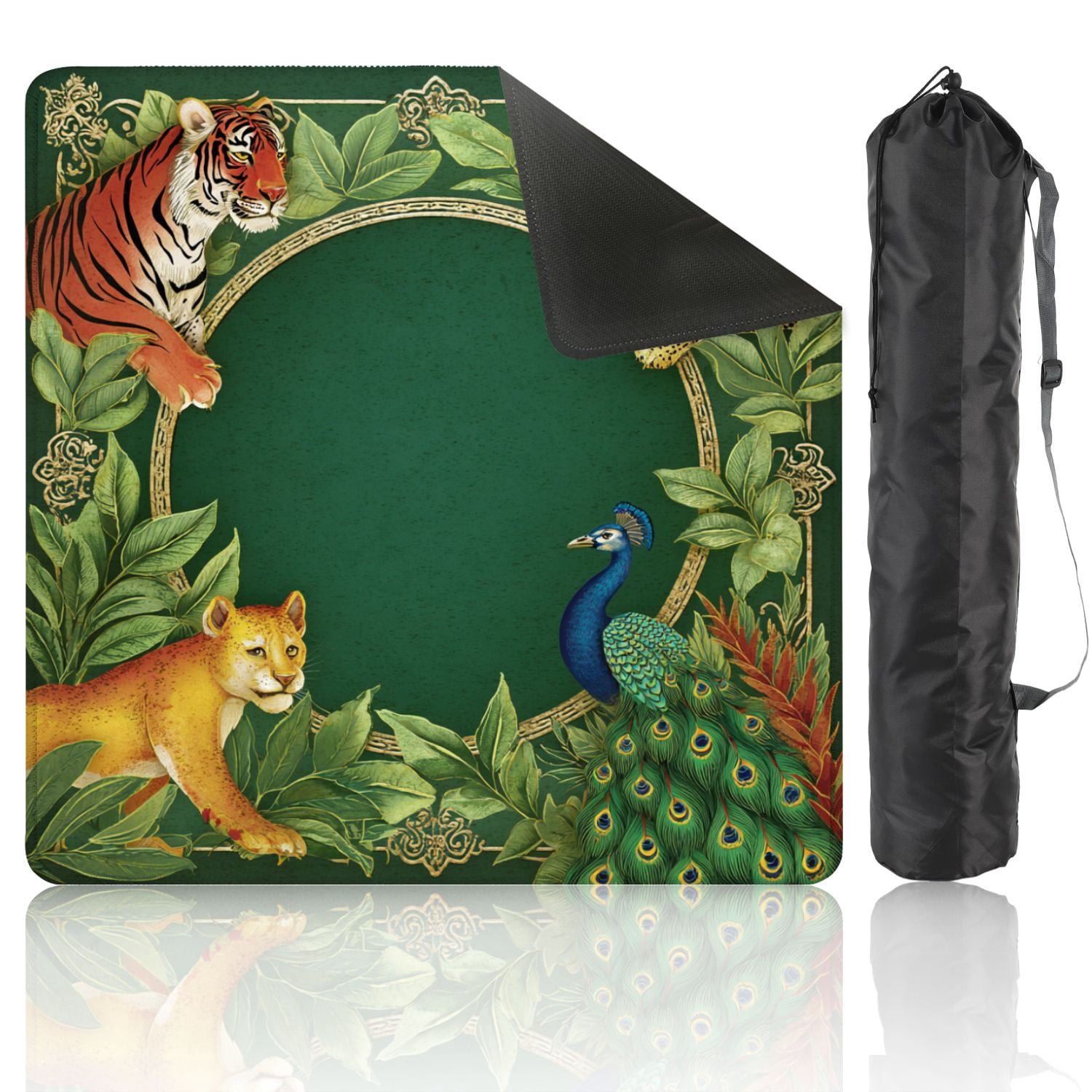 Mahjong Mat 31.5" x 31.5" Wildlife Jungle Scene Tiger Leopard Lion Peacock Greenery Non-Slip Noise Reduction American Mahjong Tiles Table Cover for Dominoes Poker Card Board Games Gift