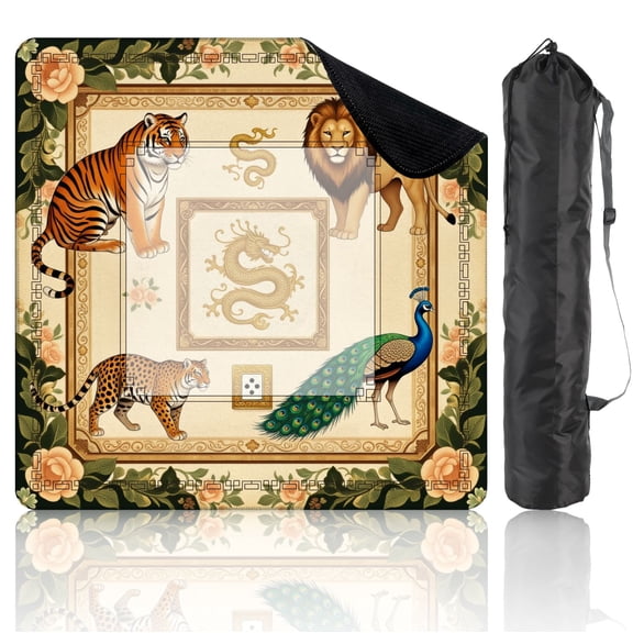Mahjong Mat 31.5" x 31.5" Wildlife Tiger Lion Leopard Peacock Golden Dragon Motifs Floral Non-Slip Noise Reduction American Mahjong Tiles Table Cover for Dominoes Poker Card Board Games Gift