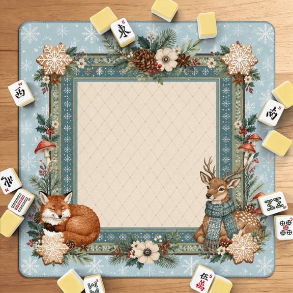 Mahjong Mat 31.5" x 31.5" Winter Woodland Frame Fox Deer Pinecones Snowflakes Blue Non-Slip Noise Reduction American Mahjong Tiles Table Cover for Dominoes Poker Card Board Games Gift