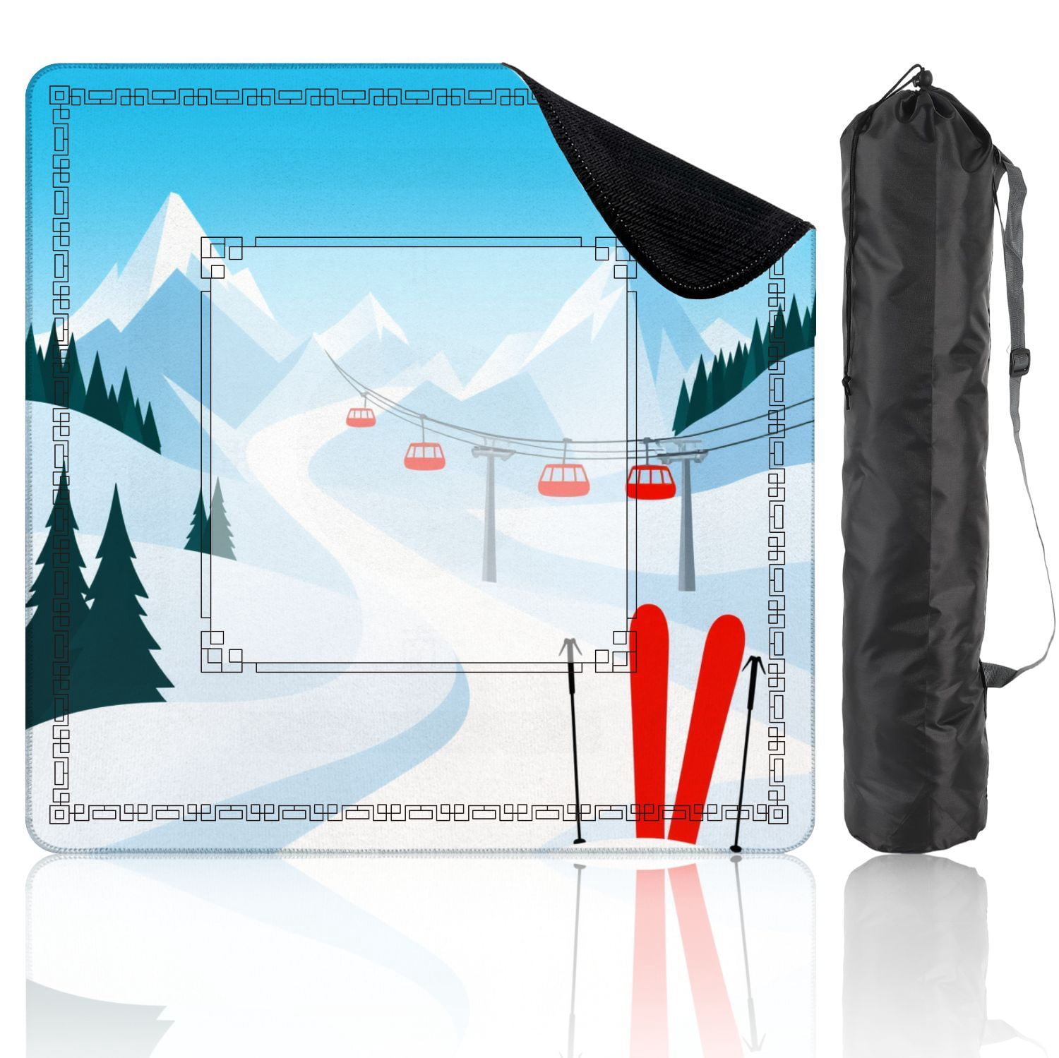 Mahjong Mat 31.5" x 31.5" Winter mountain landscape pair skis snow ski lift Non-Slip Noise Reduction American Mahjong Tiles Table Cover for Dominoes Poker Card Board Games Gift