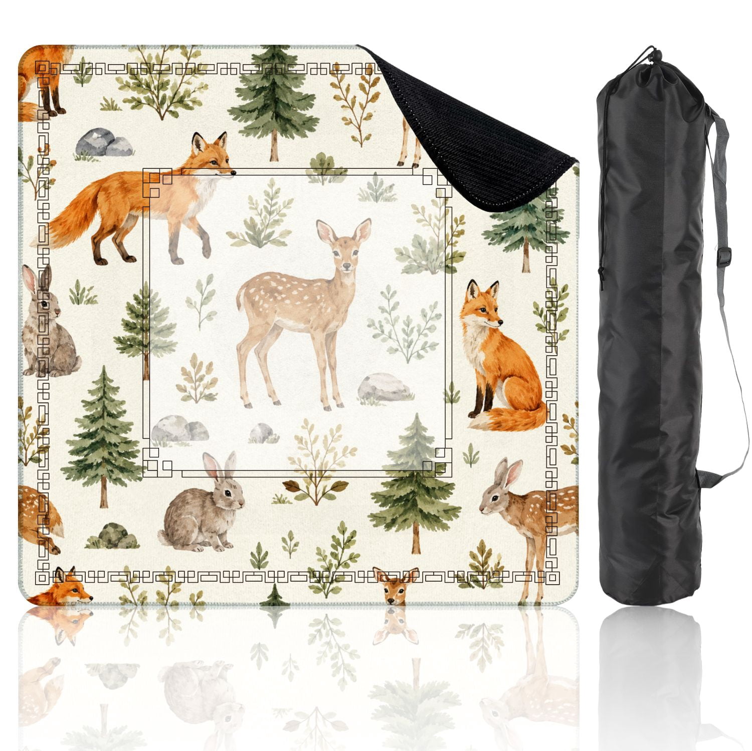 Mahjong Mat 31.5" x 31.5" Woodland Animals Wildflowers Watercolor Seamless Deer Rabbits Fox Non-Slip Noise Reduction American Mahjong Tiles Table Cover for Dominoes Poker Card Board Games Gift