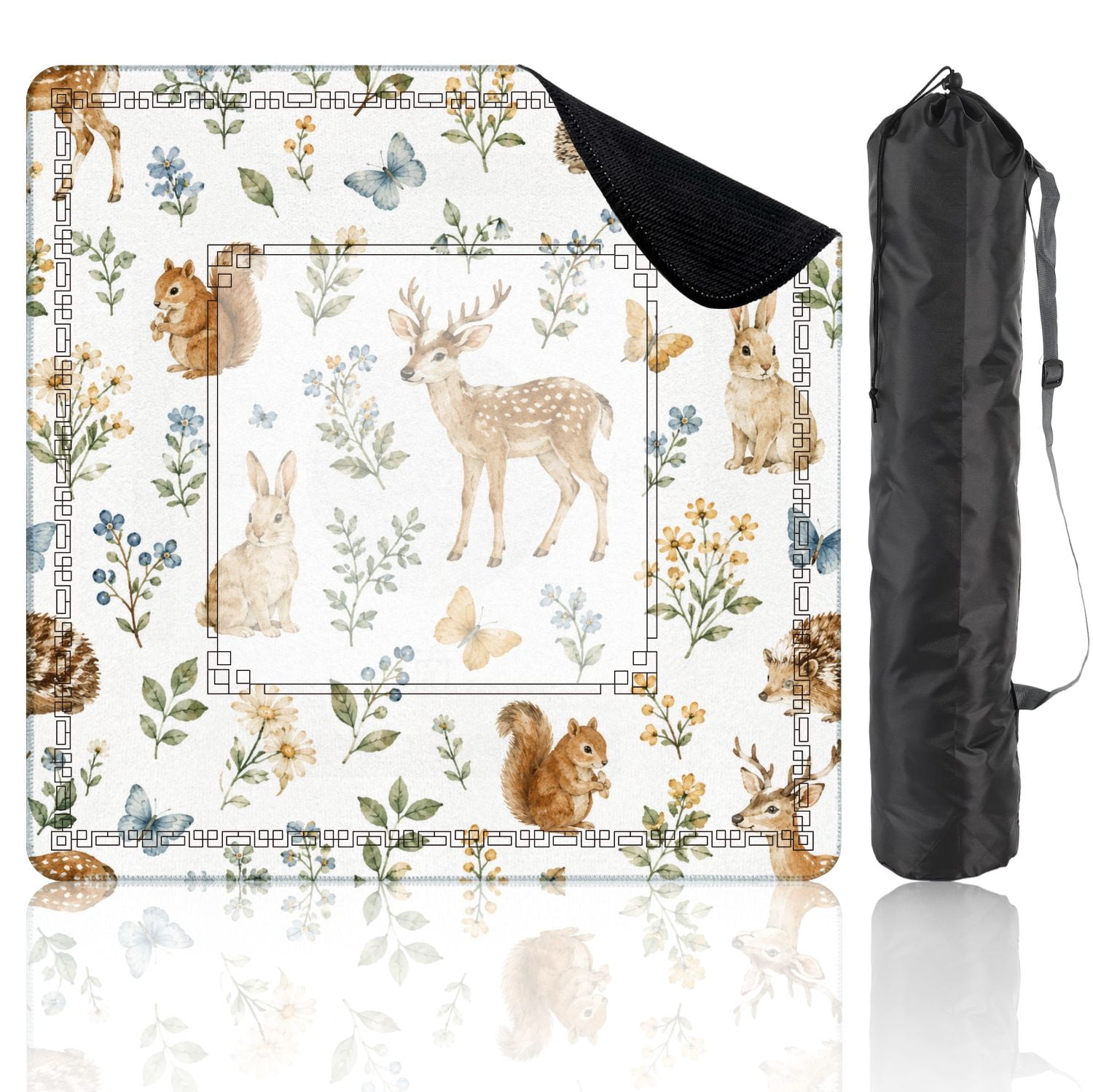 Mahjong Mat 31.5" x 31.5" Woodland Animals Wildflowers Watercolor Seamless Deer Rabbits Non-Slip Noise Reduction American Mahjong Tiles Table Cover for Dominoes Poker Card Board Games Gift