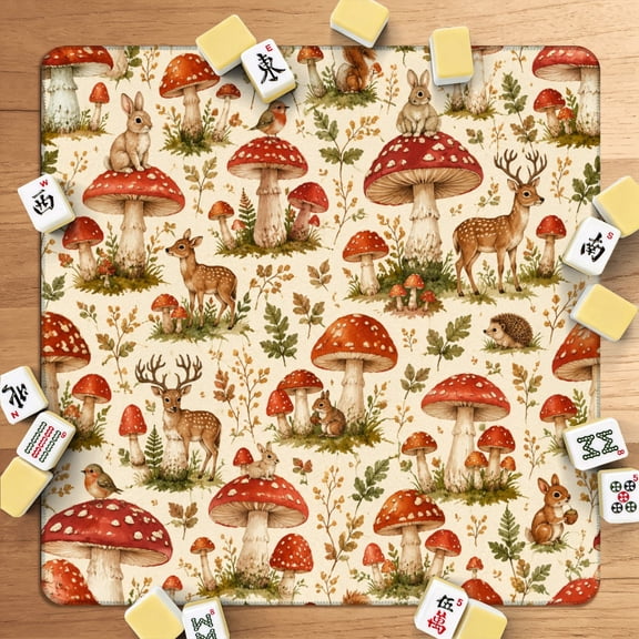 Mahjong Mat 31.5" x 31.5" Woodland Mushroom Animal Red Deer Rabbits Squirrel Hedgehog Botanical Non-Slip Noise Reduction American Mahjong Tiles Table Cover for Dominoes Poker Card Board Games Gift