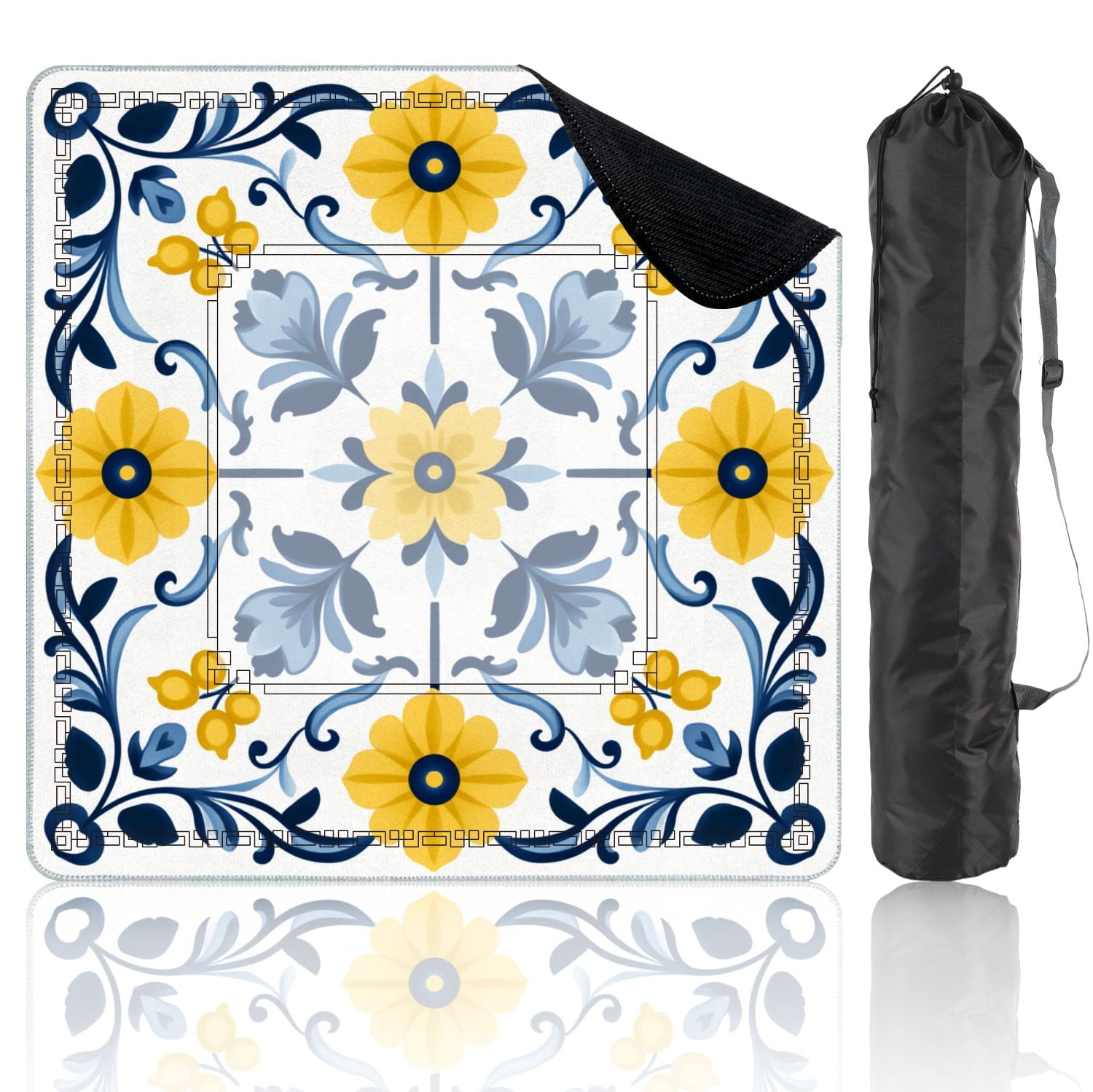 Mahjong Mat 31.5" x 31.5" Yellow Blue Floral Tile Decorative Leaves Non-Slip Noise Reduction American Mahjong Tiles Table Cover for Dominoes Poker Card Board Games Gift