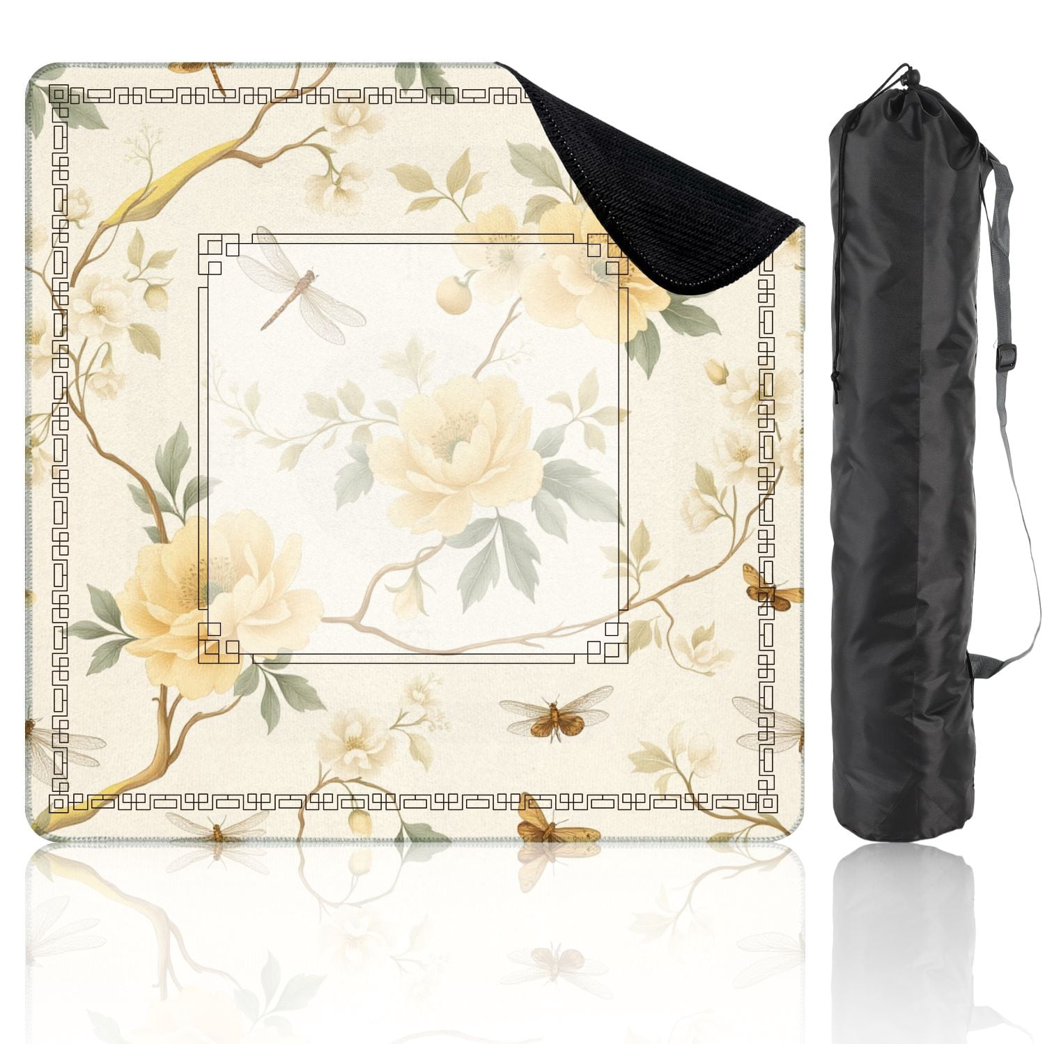 Mahjong Mat 31.5" x 31.5" Yellow Floral Dragonflies Butterflies Cream Non-Slip Noise Reduction American Mahjong Tiles Table Cover for Dominoes Poker Card Board Games Gift