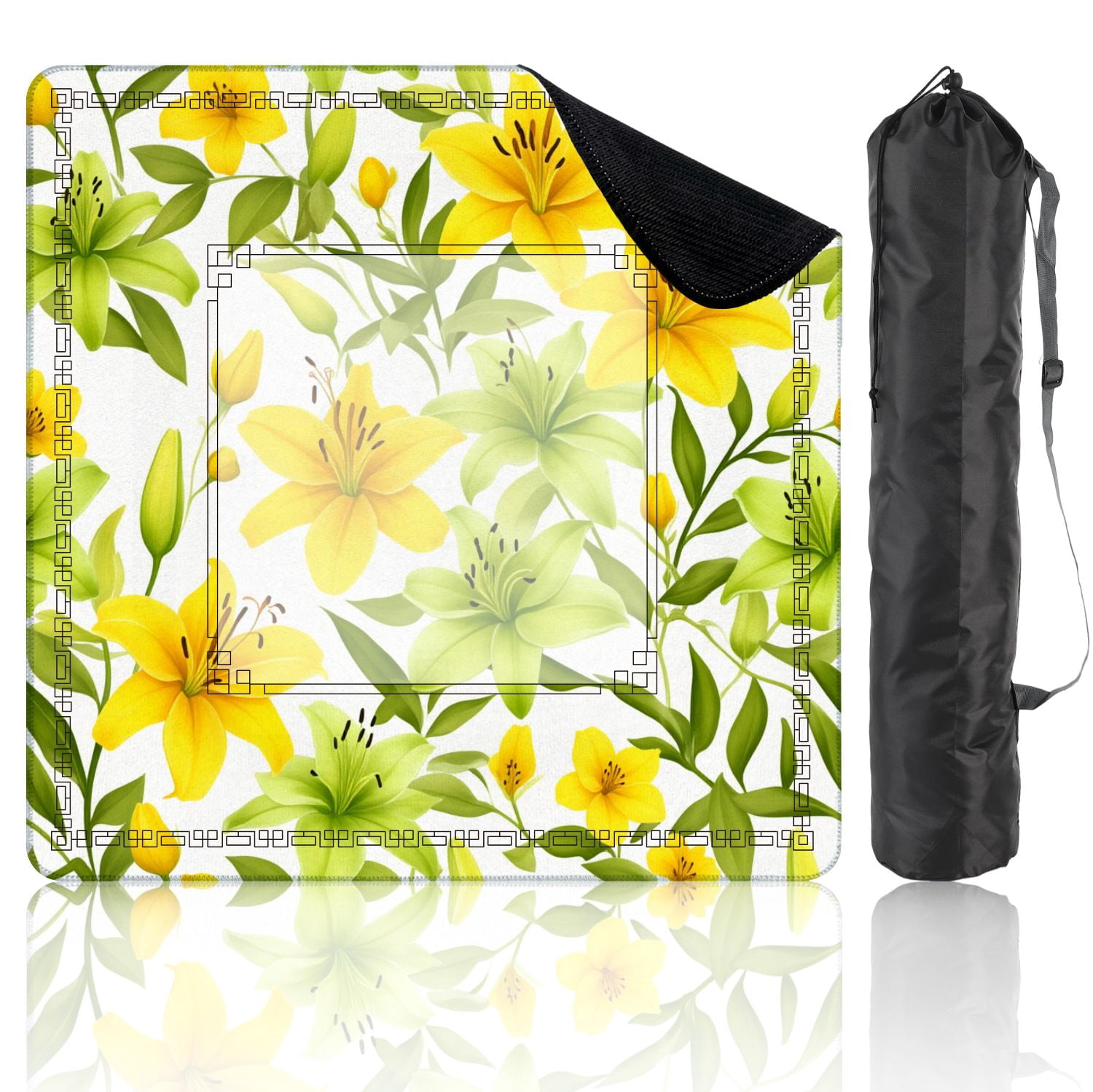 Mahjong Mat 31.5" x 31.5" Yellow Green Lily Floral Seamless Botanical Leaves Non-Slip Noise Reduction American Mahjong Tiles Table Cover for Dominoes Poker Card Board Games Gift