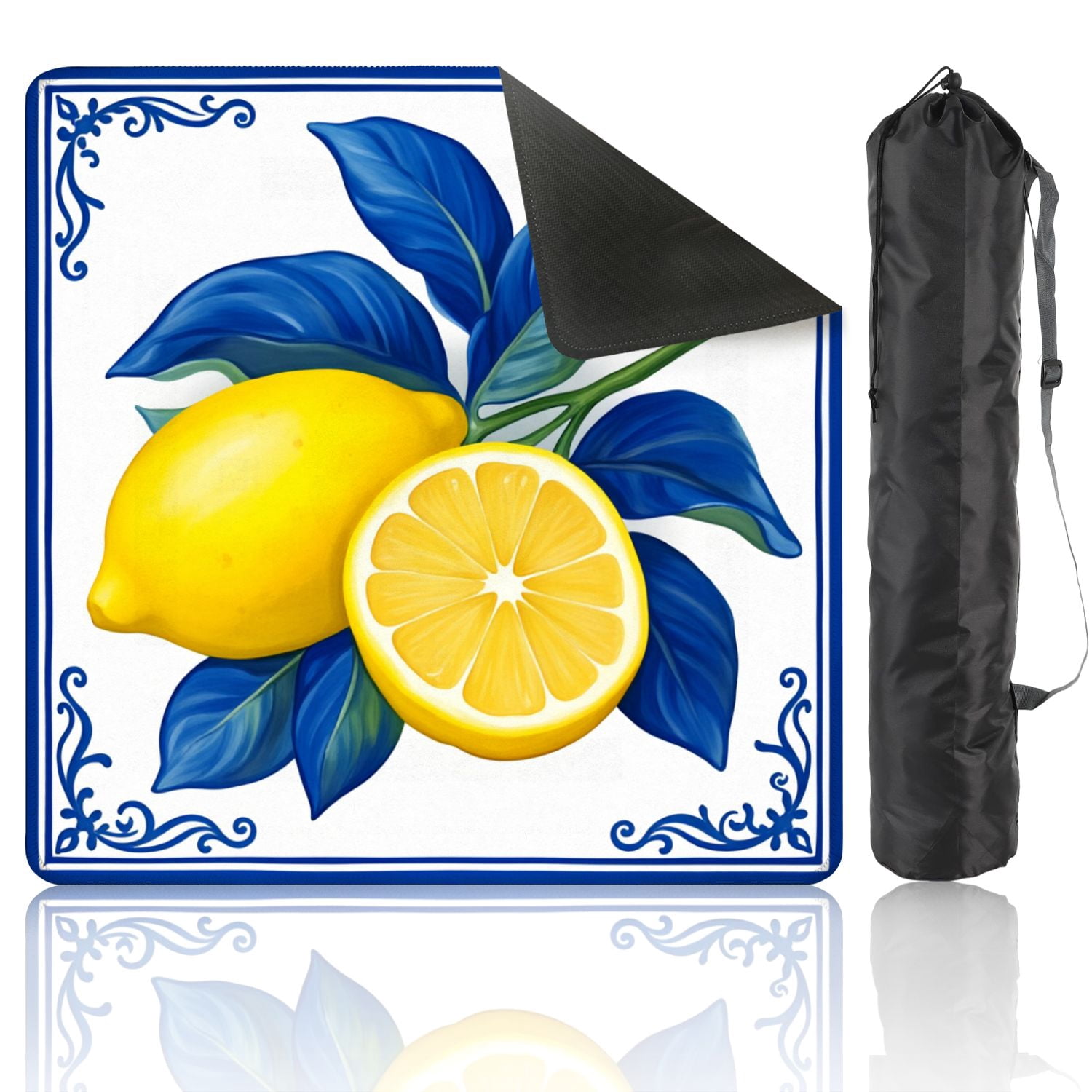 Mahjong Mat 31.5" x 31.5" Yellow Lemons Blue Leaves Decorative Frame Non-Slip Noise Reduction American Mahjong Tiles Table Cover for Dominoes Poker Card Board Games Gift