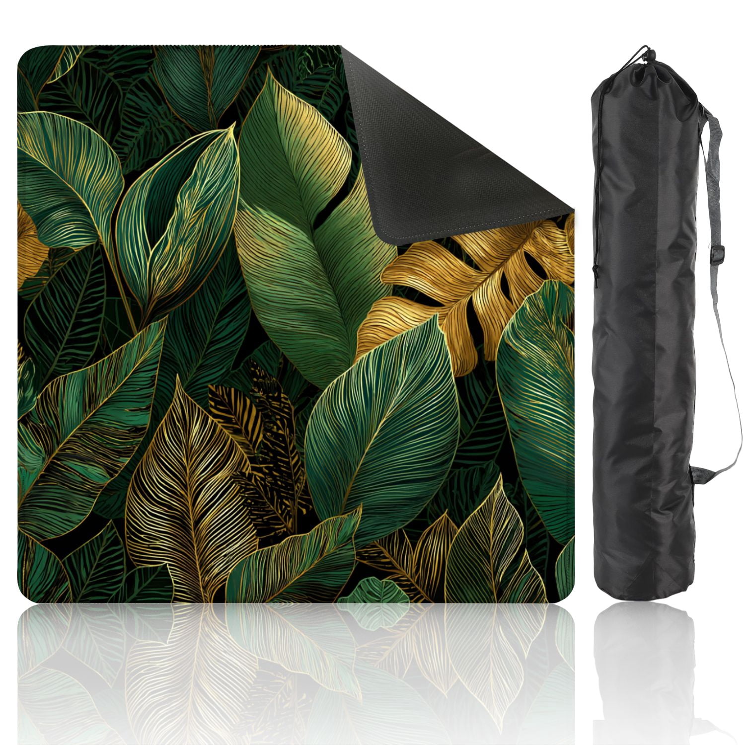 Mahjong Mat 31.5" x 31.5" golden green tropical leaves white Seamless Non-Slip Noise Reduction American Mahjong Tiles Table Cover for Dominoes Poker Card Board Games Gift