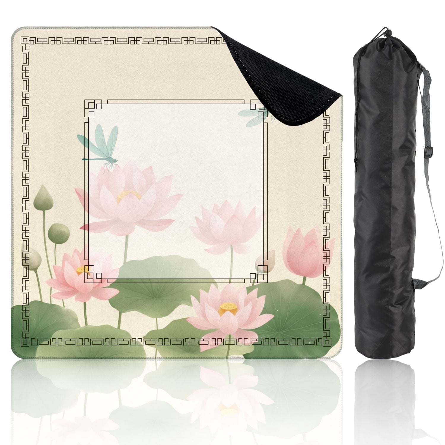 Mahjong Mat 31.5" x 31.5" lotus flowers dragonflies Non-Slip Noise Reduction American Mahjong Tiles Table Cover for Dominoes Poker Card Board Games Gift