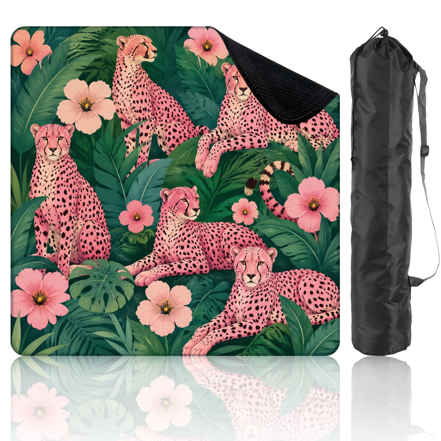 Mahjong Mat 31.5" x 31.5" seamless pink leopards flowers tropical leaves Trendy style Non-Slip Noise Reduction Mahjong Tiles Table Cover for Dominoes Poker Card Board and Tile Games