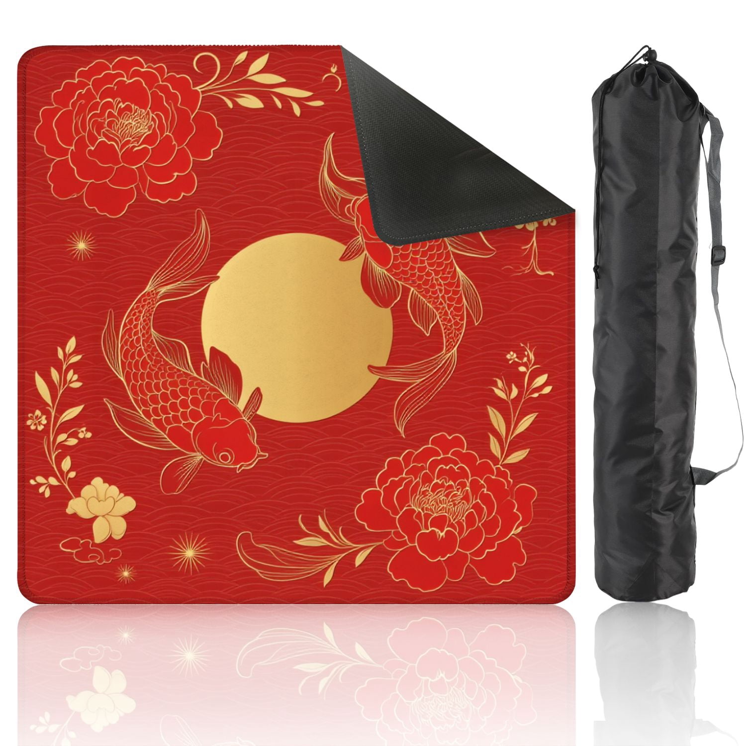 Mahjong Mat 31.5" x 31.5" traditional Chinese elements ornament carp gold color red peony Non-Slip Noise Reduction American Mahjong Tiles Table Cover for Dominoes Poker Card Board Games Gift