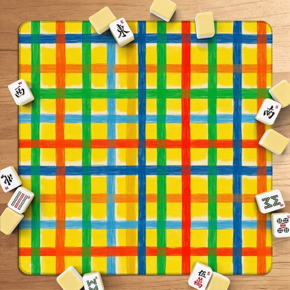 Mahjong Mat 31.5" x 31.5" yellow plaid bright color line colorful checked red blue green orange Non-Slip Noise Reduction American Mahjong Tiles Table Cover for Dominoes Poker Card Board Games Gift