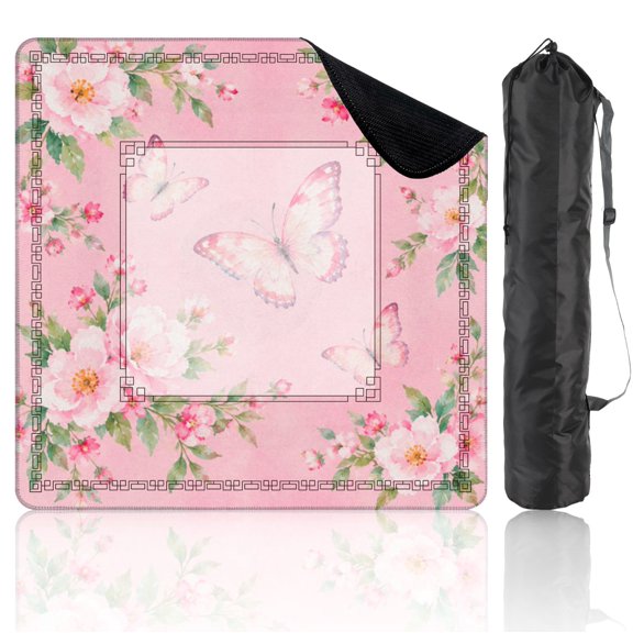 Mahjong Mat 31.5"x31.5" Colorful Flowers Butterflies Romantic Pink Blossoms Watercolor Floral with Bag Non-Slip Noise Reduction Mahjong Table Mat for Table Poker Board Card Games Dominoes Game Night