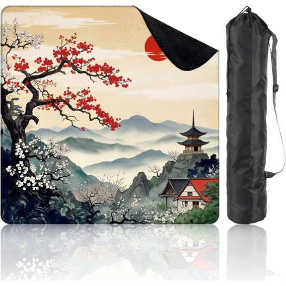 Mahjong Mat 31.5"x31.5" Japanese Landscape Cherry Blossom Trees Pagoda Mountains Rising Sun Non-Slip Noise Reduction Mahjong Tile Set Table Cover for Dominoes Poker Card Board & Tile Games Gifts