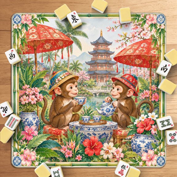 Mahjong Mat 31.5"x31.5" Monkeys Enjoying Tea Playful Monkeys Under Red Umbrellas with Bag Non-Slip Noise Reduction American Mahjong Table Cover Game Mat for Dominoes Poker Board Game Night Gift
