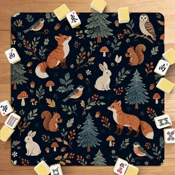 Mahjong Mat 31.5"x31.5" Rustic seamless trees deer fox other Christmas print with Bag Non-Slip Noise Reduction American Mahjong Table Cover Game Mat for Dominoes Poker Board Game Night Gift