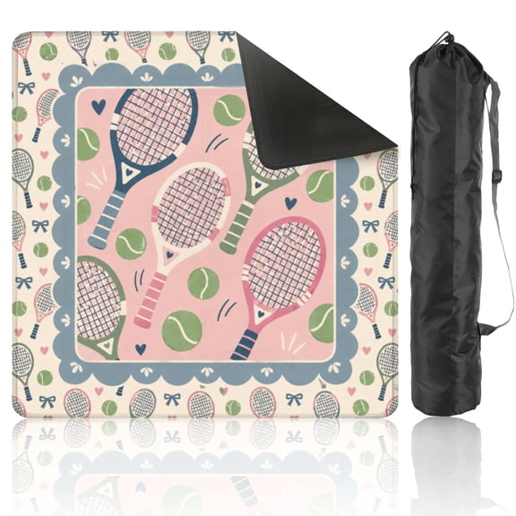 Mahjong Mat 31.5"x31.5" Tennis Rackets Balls bat sport green heart checkered Pink bow blue line Non-Slip Noise Reduction American Mahjong Table Cover with Bag for Poker Board Card Tile Game Gift