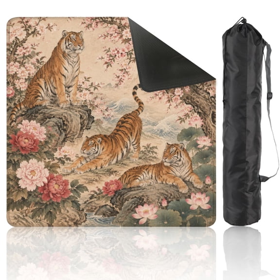 Mahjong Mat 31.5"x31.5" Tiger cherry Blossom lotus sea Chinese floral leaves Waves Vintage red Non-Slip Noise Reduction American Mahjong Table Cover with Bag for Poker Board Card Tile Game Gift