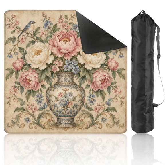Mahjong Mat 31.5"x31.5" Vintage Floral vase bird leaf Peonies Vases Peonies vintage beige pink Non-Slip Noise Reduction American Mahjong Table Cover with Bag for Poker Board Card Tile Game Gift