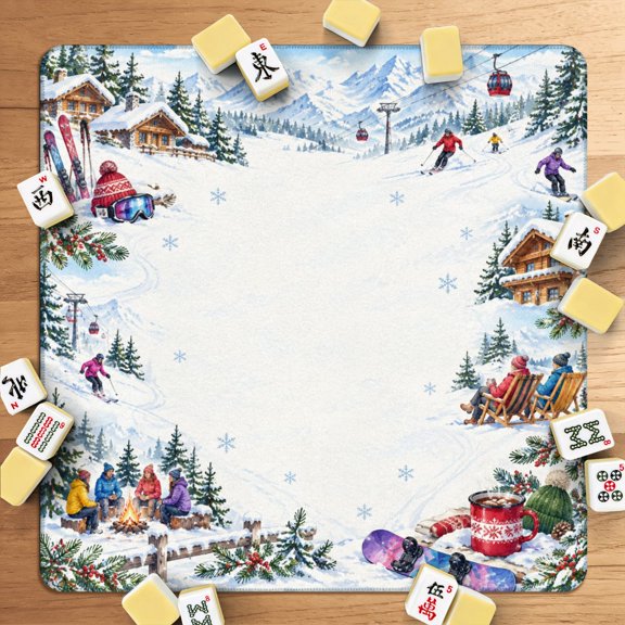 Mahjong Mat 31.5"x31.5" Winter Ski Resort Village Snowy Mountains Pine Trees Cozy with Bag Non-Slip Noise Reduction American Mahjong Table Cover Game Mat for Dominoes Poker Board Game Night Gift