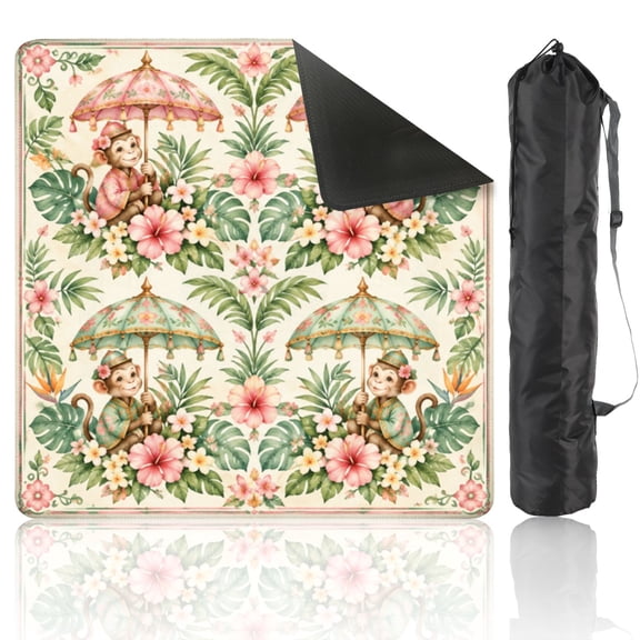 Mahjong Mat 31.5"x31.5" tropical umbrella Monkey pink palm leaves Flowers green golden jungle Non-Slip Noise Reduction American Mahjong Table Cover with Bag for Poker Board Card Tile Game Gift