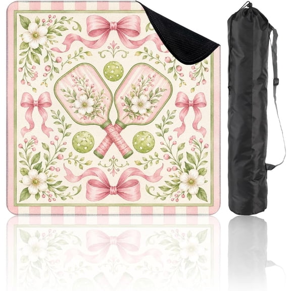 Mahjong Mat – 31.5x31.5 Inch with Carrying Bag, Pink Green Pickleball Design Floral Elements Decorative Ribbons Non-Slip Noise-Reducing Game Mat for Mahjong, Poker, Dominoes & Board Games