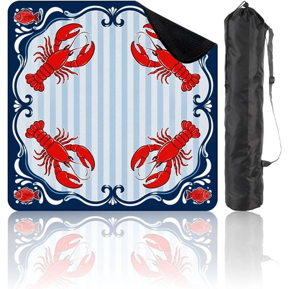 Mahjong Mat – 31.5x31.5 Inch with Carrying Bag, Red Lobster Fish Nautical Striped Blue Non-Slip Noise-Reducing Game Mat for Mahjong, Poker, Dominoes & Board Games