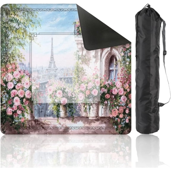 Mahjong Mat 31.5x31.5 Inch – Oil Painting Summer Paris City Landscape Rose Leaf View Non-Slip Noise-Reduction Table Cover for Dominoes, Poker, Cards, Board & Tile Games