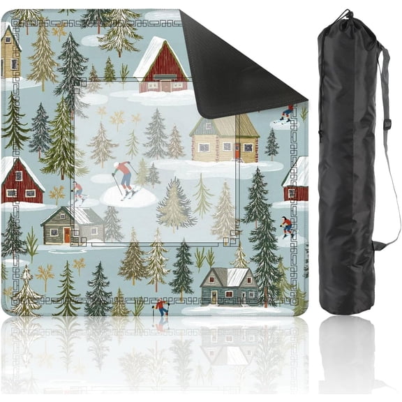 Mahjong Mat – 31.5x31.5 Inch Winter Village Skiers Snowy Trees Cozy Cottages, Non-Slip Noise Reduction Table Cover for Dominoes, Poker, Card, Board & Tile Games