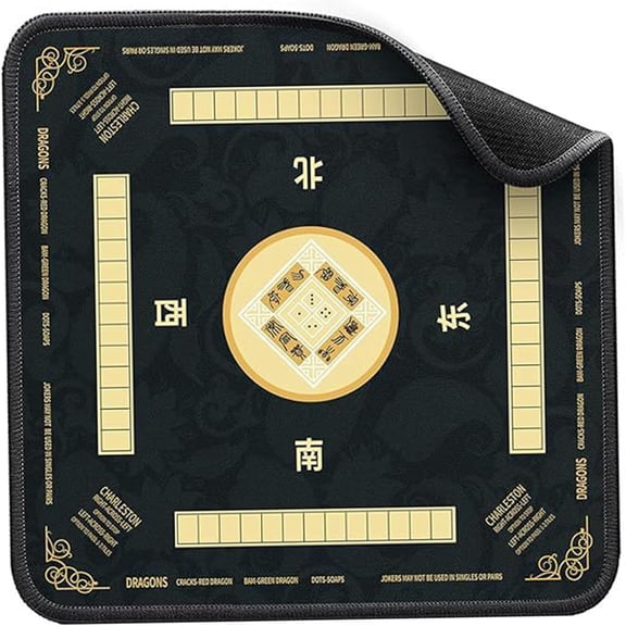 Mahjong Mat 31.5x31.5 Non-Slip Noise Reduction with Rules Black Table Mat for Poker Board Games