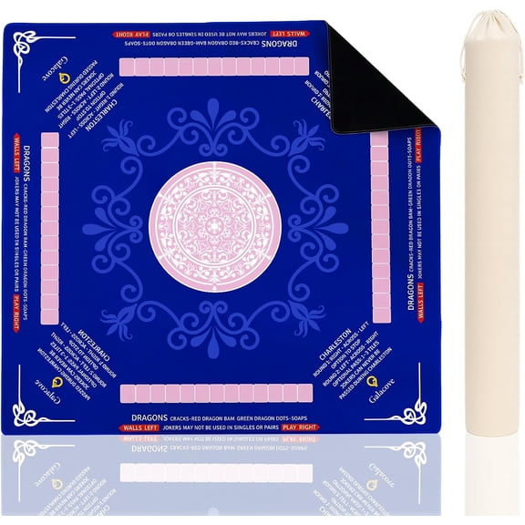 Mahjong Mat – 32"x32" Non-Slip Neoprene Game Table Mat, Noise-Reducing, Foldable & Portable with Charleston & Dragon Rules Printed (MAX-Mahjong Mat-Navy Blue Mandala)