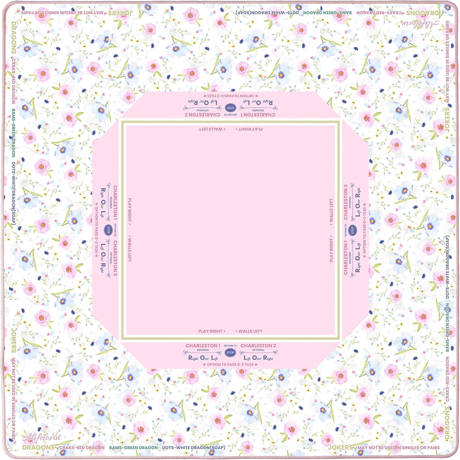 Mahjong Mat - American Mah jongg Mat for Table 32x32 Inch Non-Slip Noise Reduction Mahjong Mat with Rules, Portable Gaming Mat for Poker, Tiles & Dominoes (Pink Blooms)