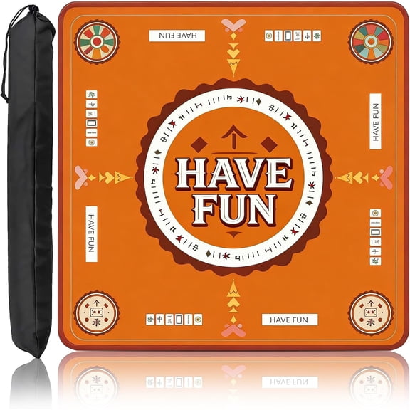Mahjong Mat,Anti-Slip Noise Reduction Waterproof Game Mat 31.5×31.5 Inch,Yellow Vintage with Have Fun Design,Portable Table Cover for Mahjong,Poker & Family Game Night