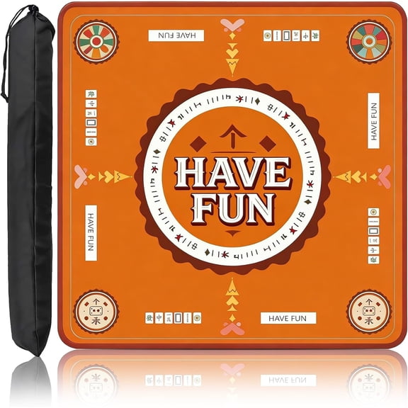 Mahjong Mat,Anti-Slip Noise Reduction Waterproof Game Mat 31.5×31.5 Inch,Yellow Vintage with Have Fun Design,Portable Table Cover for Mahjong,Poker & Family Game Night
