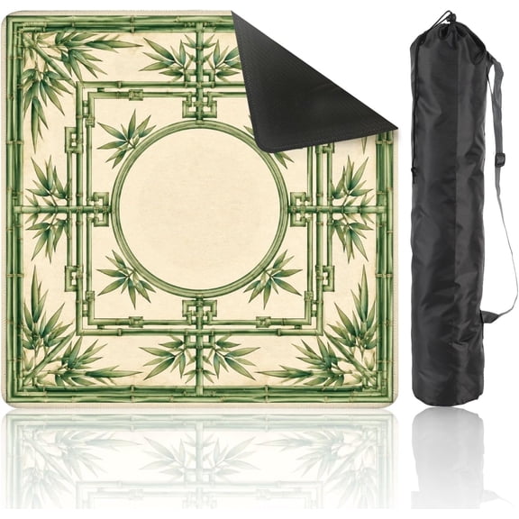 Mahjong Mat with Bag – 31.5x31.5 Inch Non-Slip Green Bamboo Geometric Borders Asian Inspired Design, Gaming Pad for Mahjong, Poker, Dominoes, Card & Board Tile Games