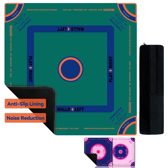 AzulHome Mahjong Mat with Black Carrying Bag, 31.5" Anti-Slip Mat with Rules Printed On Surface, Noise Reducing Table Cover for Poker, Cards & Dominoes, Green