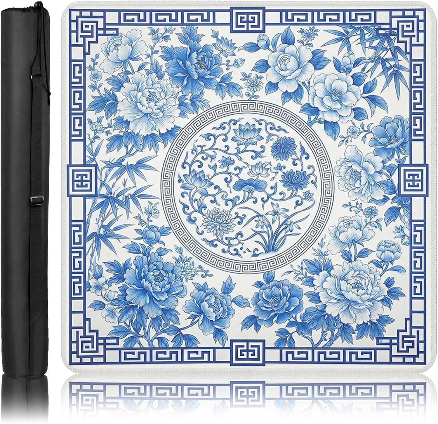 Mahjong Mat with Black Carrying Bag Big Floral Blue Vintage Non-Slip Noise Reduction Gaming Mat 31.5" x 31.5" Rubber Multi Purpose Game Table Cover for Mahjong Card Dominoes Board Tile Games