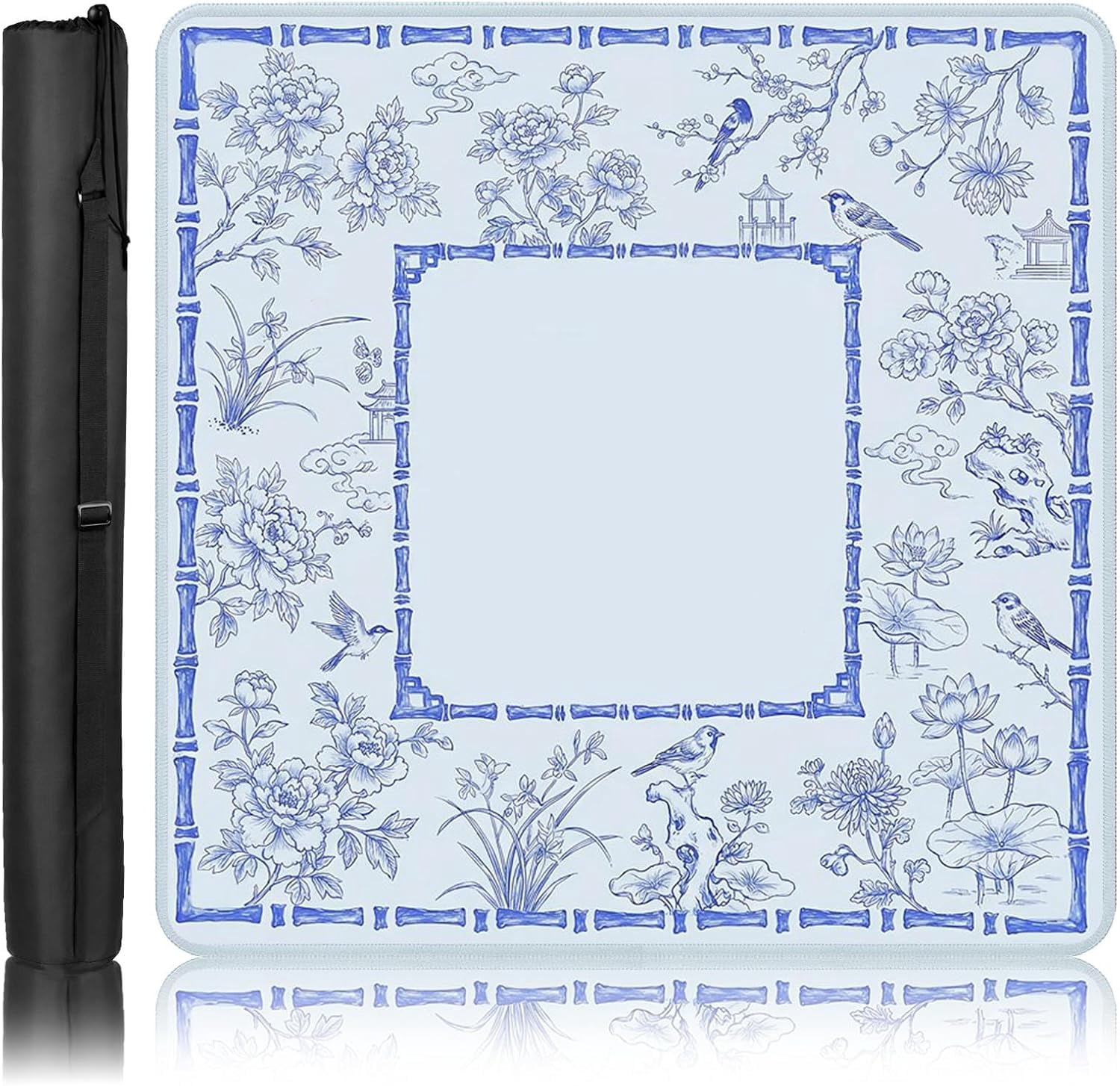 Mahjong Mat with Black Carrying Bag Blue Floral Bird Non-Slip Noise Reduction Gaming Mat 31.5" x 31.5" Rubber Multi Purpose Game Table Cover for Mahjong Card Dominoes Board Tile Games
