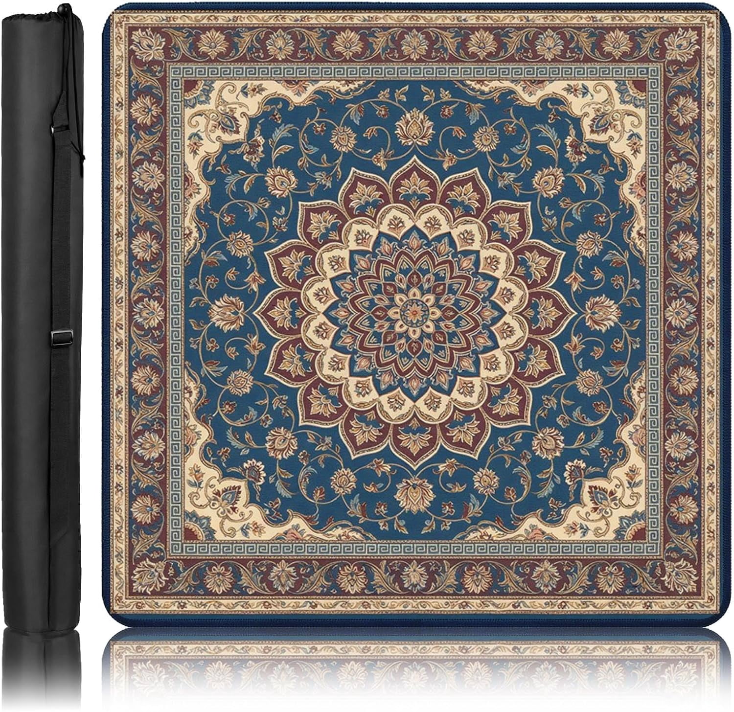 Mahjong Mat with Black Carrying Bag Blue Floral Vintage Non-Slip Noise Reduction Gaming Mat 31.5" x 31.5" Rubber Multi Purpose Game Table Cover for Mahjong Card Dominoes Board Tile Games